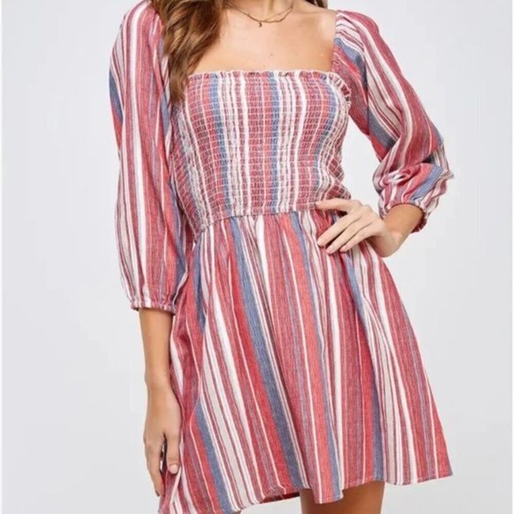 En Creme Sz M Multicolor Striped Finley Smocked Balloon Sleeve Cotton Dress $78